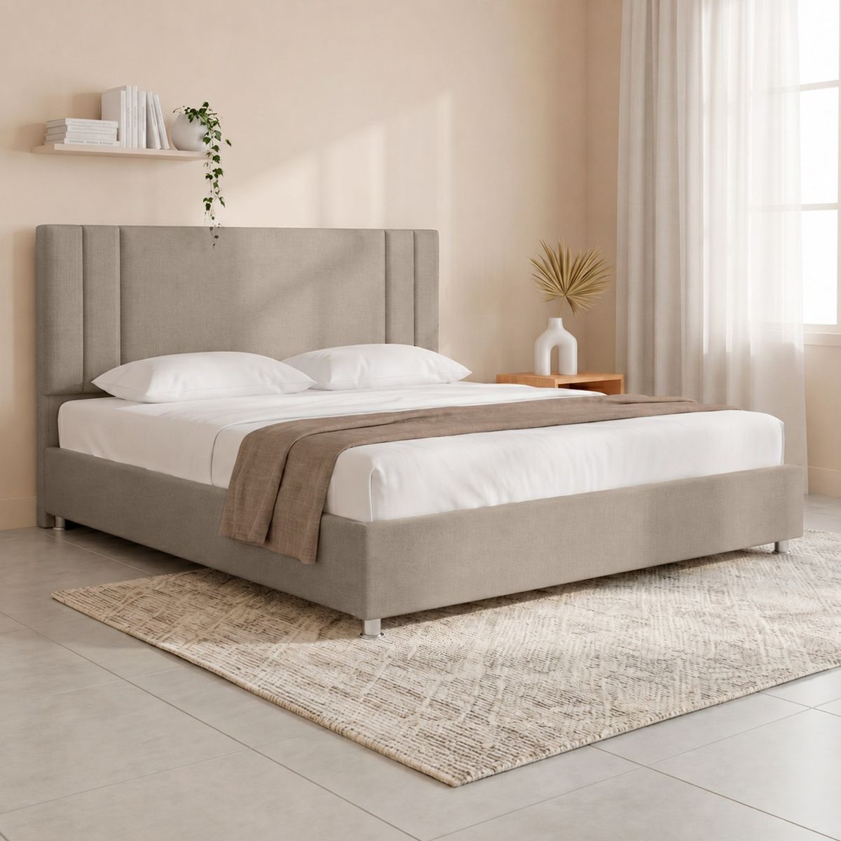 EKONOMODO COLOMBIA - Colchón Firmeza Media Resortado Queen 160x190 Con Base Cama y Espaldar Lupe En Madera Pino Con Tela Premium Taupe