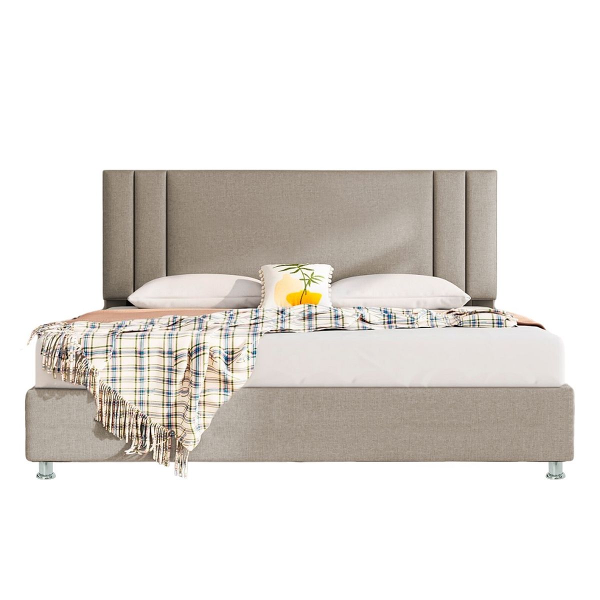 EKONOMODO COLOMBIA - Colchón Firmeza Media Resortado Queen 160x190 Con Base Cama y Espaldar Lupe En Madera Pino Con Tela Premium Taupe