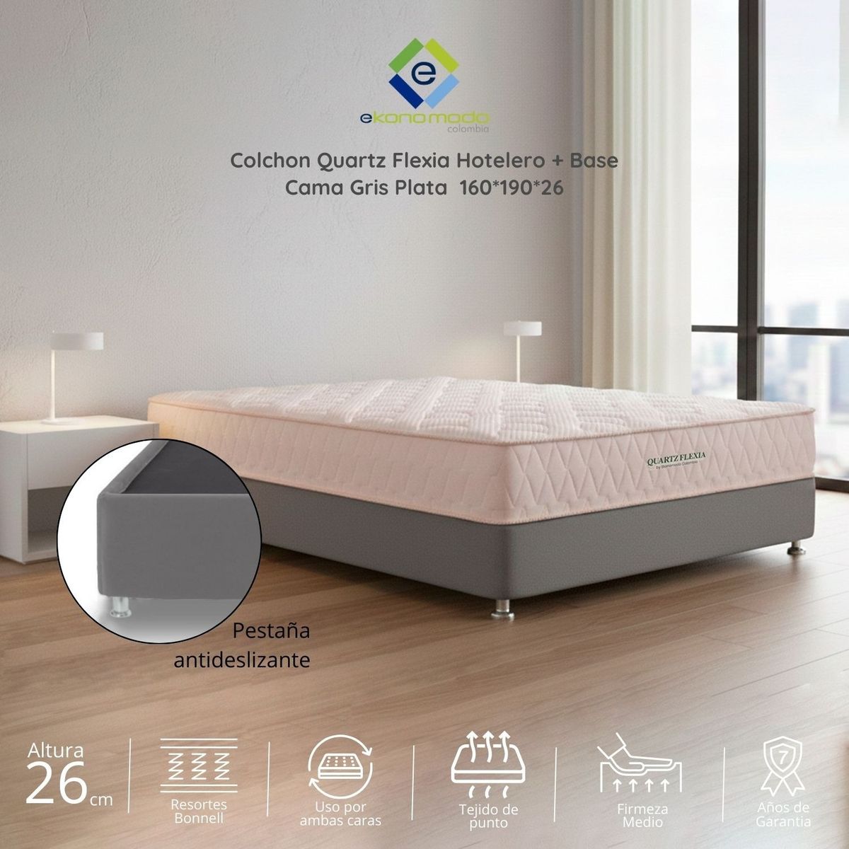 EKONOMODO COLOMBIA - Colchon Queen Quartz y Base Cama Gris plata