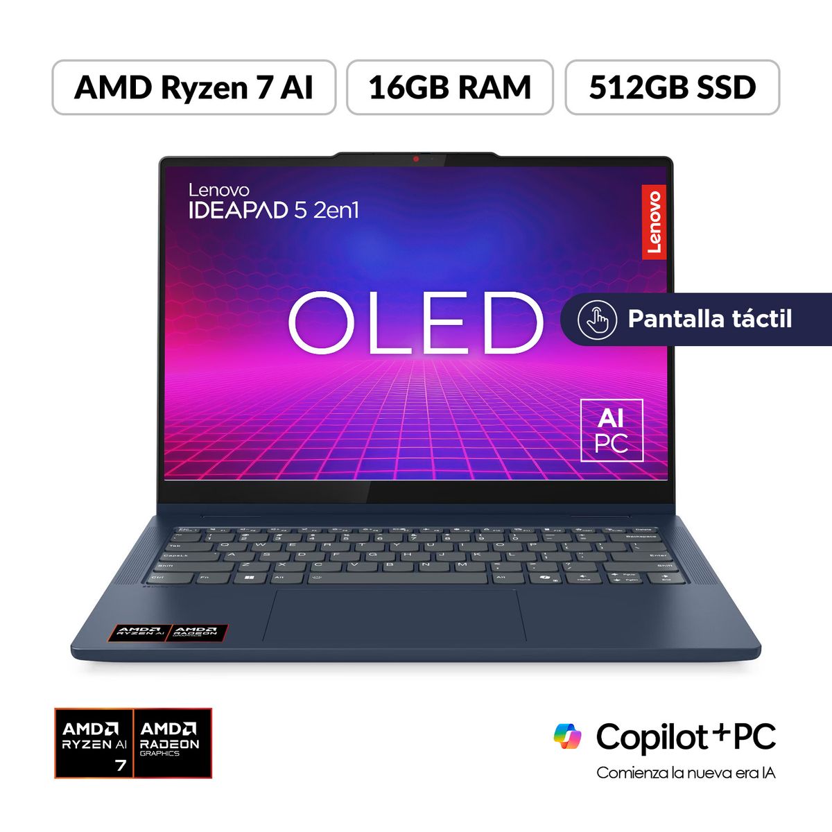 Lenovo - Portátil Lenovo IdeaPad  5 2en1 | AMD Ryzen AI 7 | 16GB de RAM | 512GB SSD de Almacenamiento | Windows 11 | Pantalla 14 pulgadas Oled Touch | IP5 2EN1 | Computador Portátil