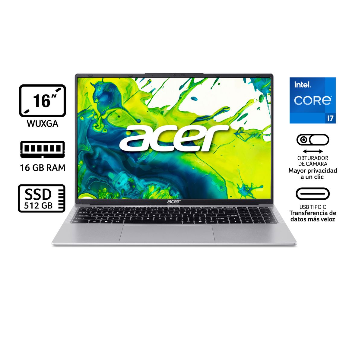 ACER - Portátil Aspire Acer | Intel Core i7 | 16GB RAM | 512GB SSD de Almacenamiento | Windows 11 | Pantalla 16" pulgadas | AL16-54P-7167 | Computador Portátil