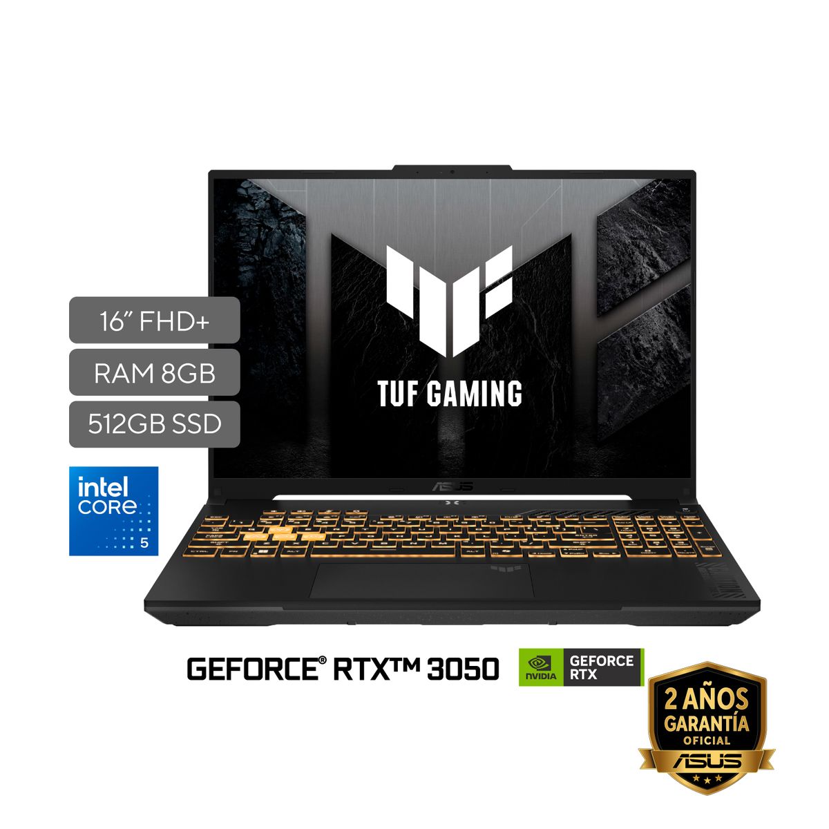 ASUS - Portátil ASUS TUF Gaming F16 | INTEL C5 205H |  GeForce RTX  3050 |DDR5 8GB| 512 GB SSD de almacenamiento | Windows 11 Home |16 Pulgadas |FX607VJR-TU286W |  Computador portátil Gamer