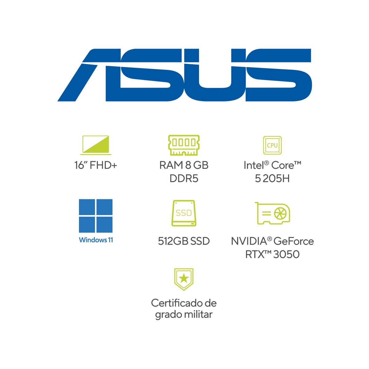 ASUS - Portátil ASUS TUF Gaming F16 | INTEL C5 205H |  GeForce RTX  3050 |DDR5 8GB| 512 GB SSD de almacenamiento | Windows 11 Home |16 Pulgadas |FX607VJR-TU286W |  Computador portátil Gamer