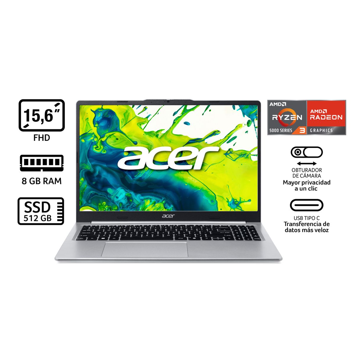 ACER - Portátil Aspire Acer| AMD Ryzen 3 | 8GB de RAM | 512GB SSD de Almacenamiento | Windows 11 |Pantalla 15,6 pulgadas | AL15-46P-R251 | Computador portátil