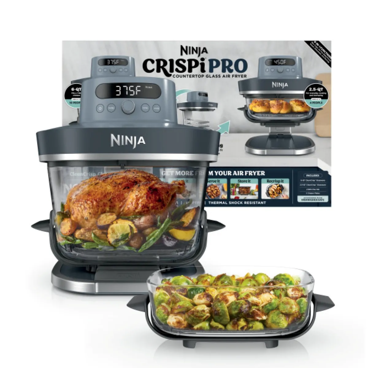 NINJA - Crispi Pro Freidora de aire NINJA, 6 en 1. Con 6 funciones predeterminadas: Máxima crocancia, freír con aire, hornear/leudar, asar, recrisp y deshidratar. Incluye dos recipientes de vidrio con capacidad 2,3 Lt y 5,7 Lt. 1800 watts de potencia. AS101CY