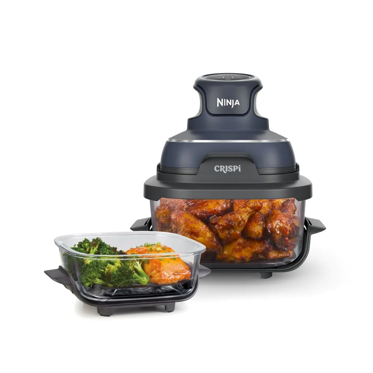 NINJA - Ninja Crispi Freidora de Aire 4 en 1 | 4 Funciones Predeterminadas | Freír con Aire, Hornear, Dorar, Recalentar | Incluye Recipientes en Vidrio 3,8 Lt y 1,4 Lt con Tapas y Adaptadores | 1500 W | FN101GY