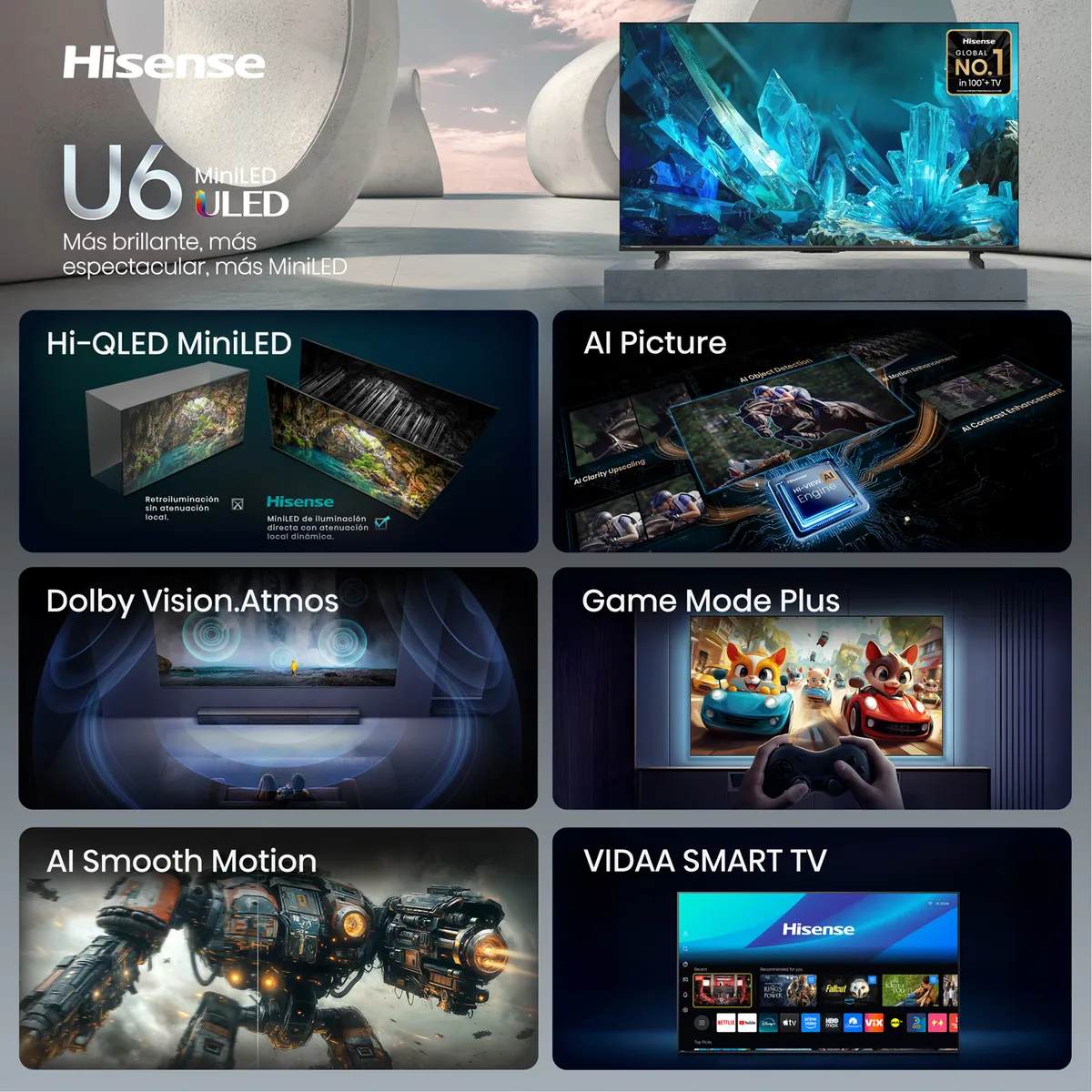 HISENSE - Combo Televisor Hisense + Barra | 55 Pulgadas |ULED MiniLED Dolby Vision IQ| 55U6ESV | Barra de Sonido HS1000
