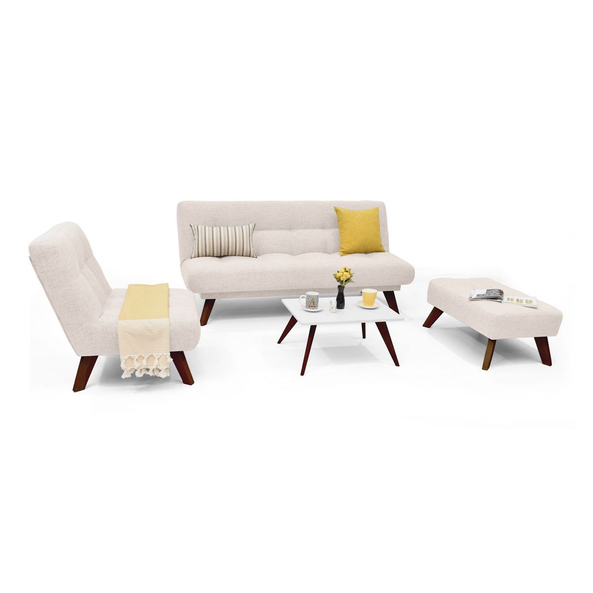 MICA - Juego de Sala Moderno en Tela (Sofá Cama + Poltrona + Puff + Mesa de Centro) Prato Mica