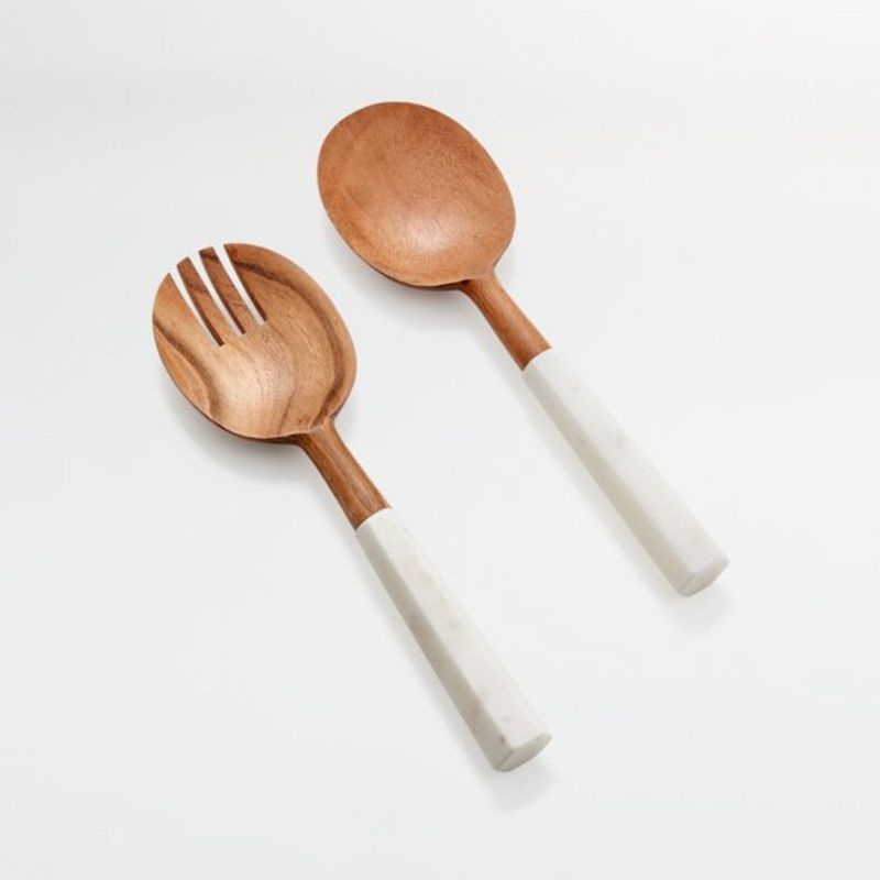 CRATE & BARREL - Cubiertos para Servir Ensalada Madera y Mármol Set x 2