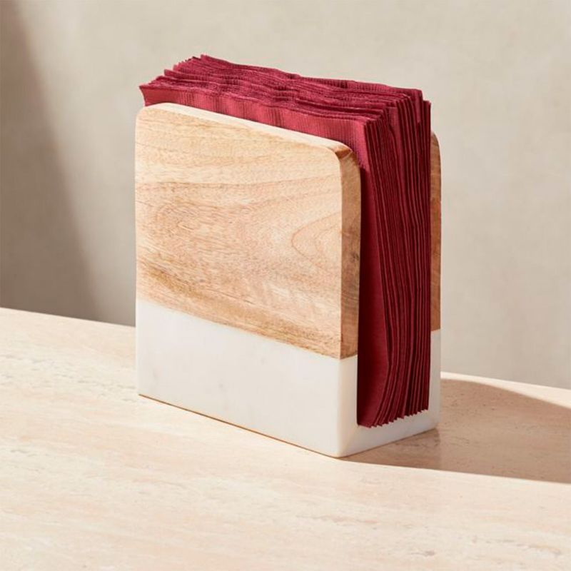 CRATE & BARREL - Servilletero Madera y Mármol 16 x 7 cm