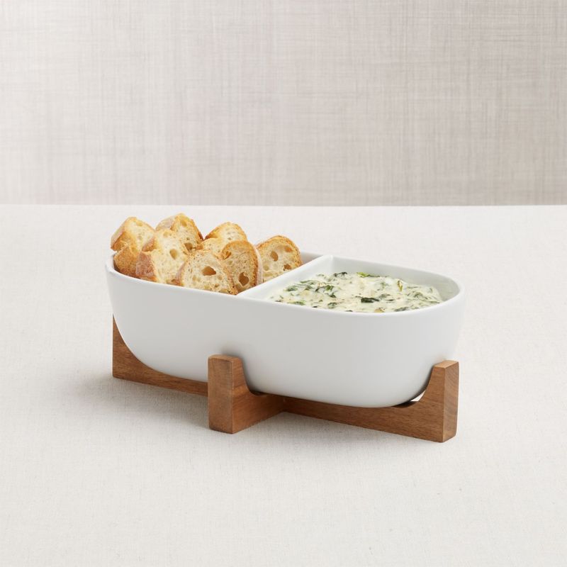 CRATE & BARREL - Bowl de Servir con Base de Madera 26 cm