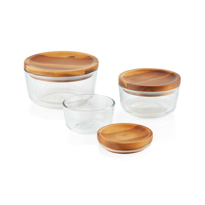 CRATE & BARREL - Contenedores Pyrex en Vidrio con Tapa de Madera Set x 3