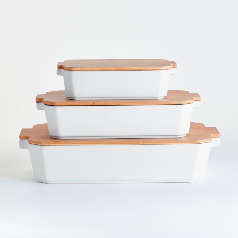 CRATE & BARREL - Refractarias en Gres con Tapa Bambú Set x 3