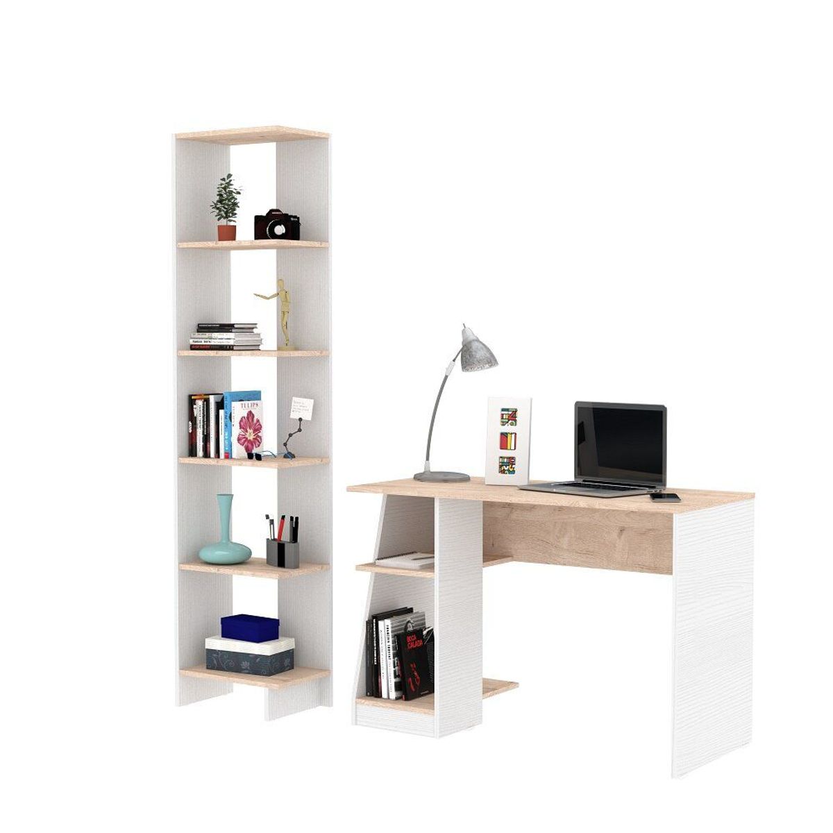 MADERKIT - Escritorio + biblioteca londrok color duna/blanco