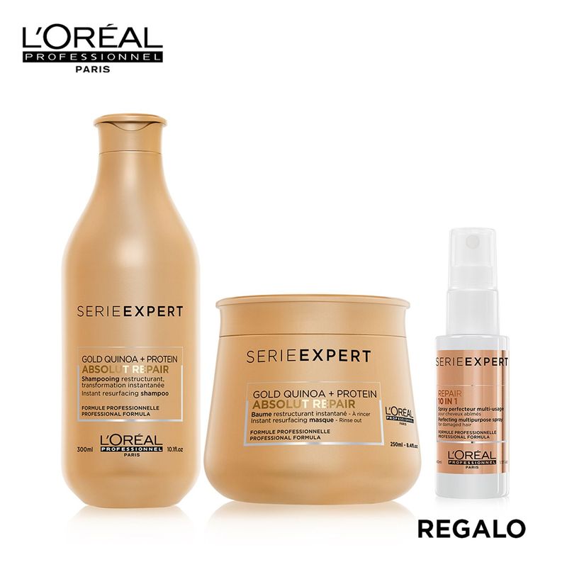 LOREAL PROFESSIONNEL - L'Oréal Professionnel Paris Loreal Professionnel Set Absolut Repair: Shampoo 300 ml + Mascarilla 250 ml + Spray 10 en 1 - 45 ml