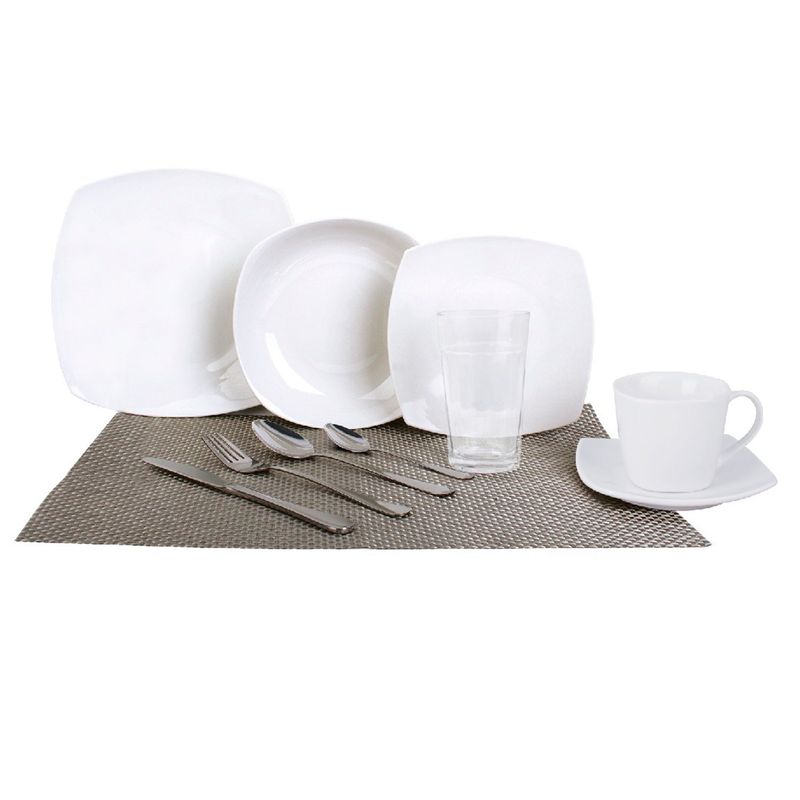 MICA - Vajilla Mica 4 puestos. Juego de vajilla + 4 individuales para mesa + 4 vasos + juego de cubiertos. Vajilla Cerámica. 