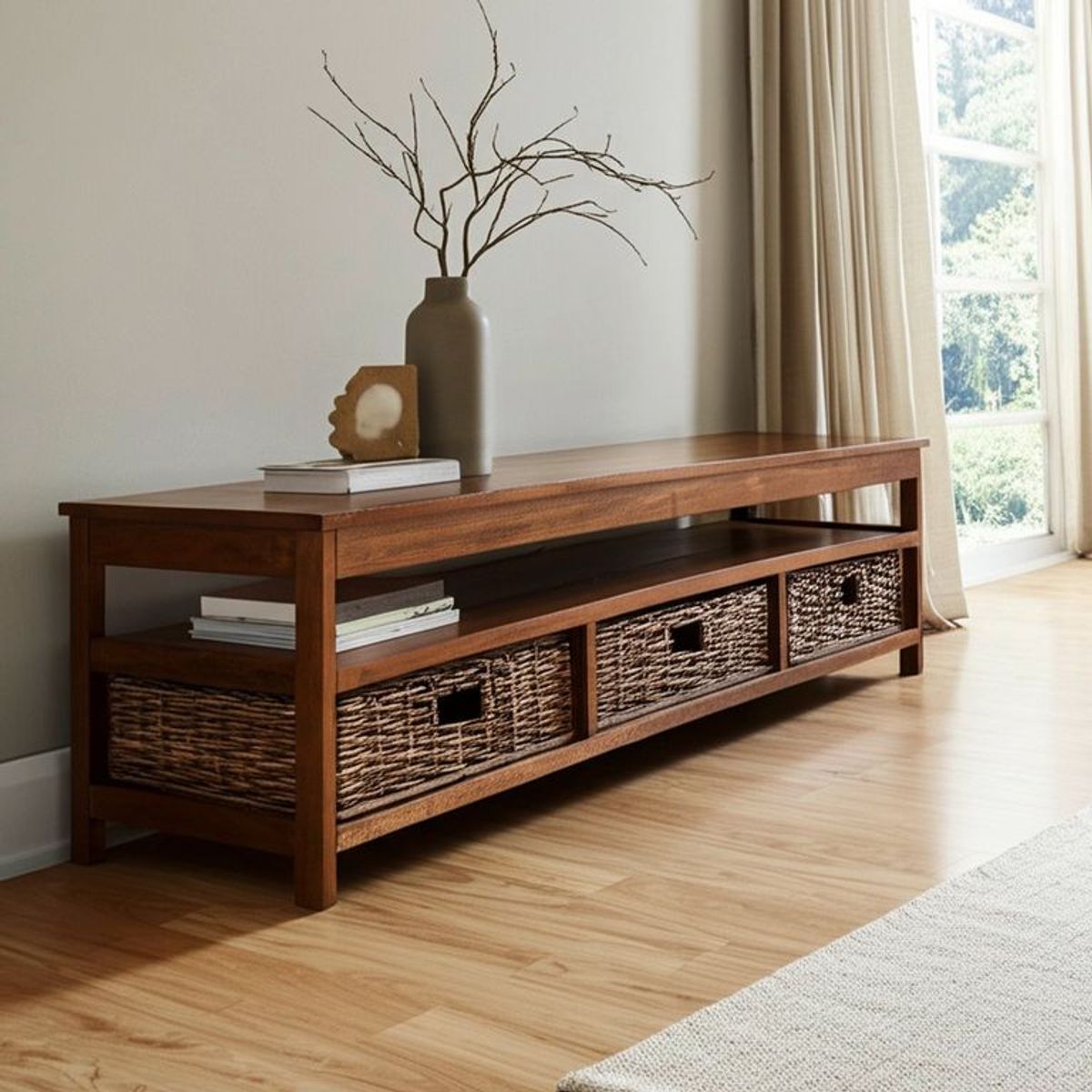 BASEMENT HOME - Consola Baja para Exterior en Madera, Kretes 108 x 46 x 45 cm, Incluye 3 Cestos en Rattán Basement Home