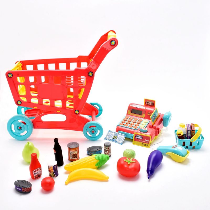  - Mercado de juguete. Incluye carrito de mercado, caja registradora y accesorios