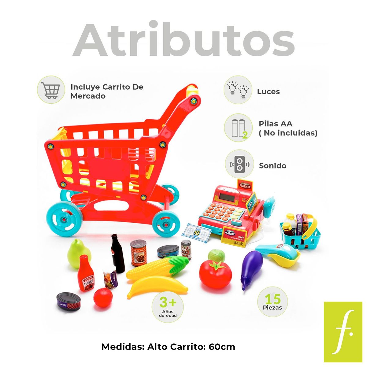  - Mercado de juguete. Incluye carrito de mercado, caja registradora y accesorios