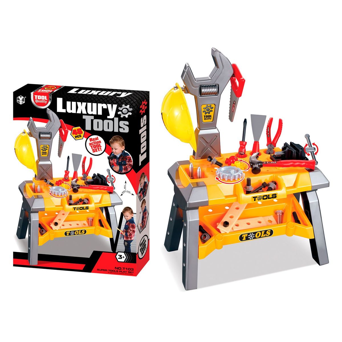  - Mesa Herramientas de juguete, incluye (Mesa y 46 accesorios). A partir de 3 años.