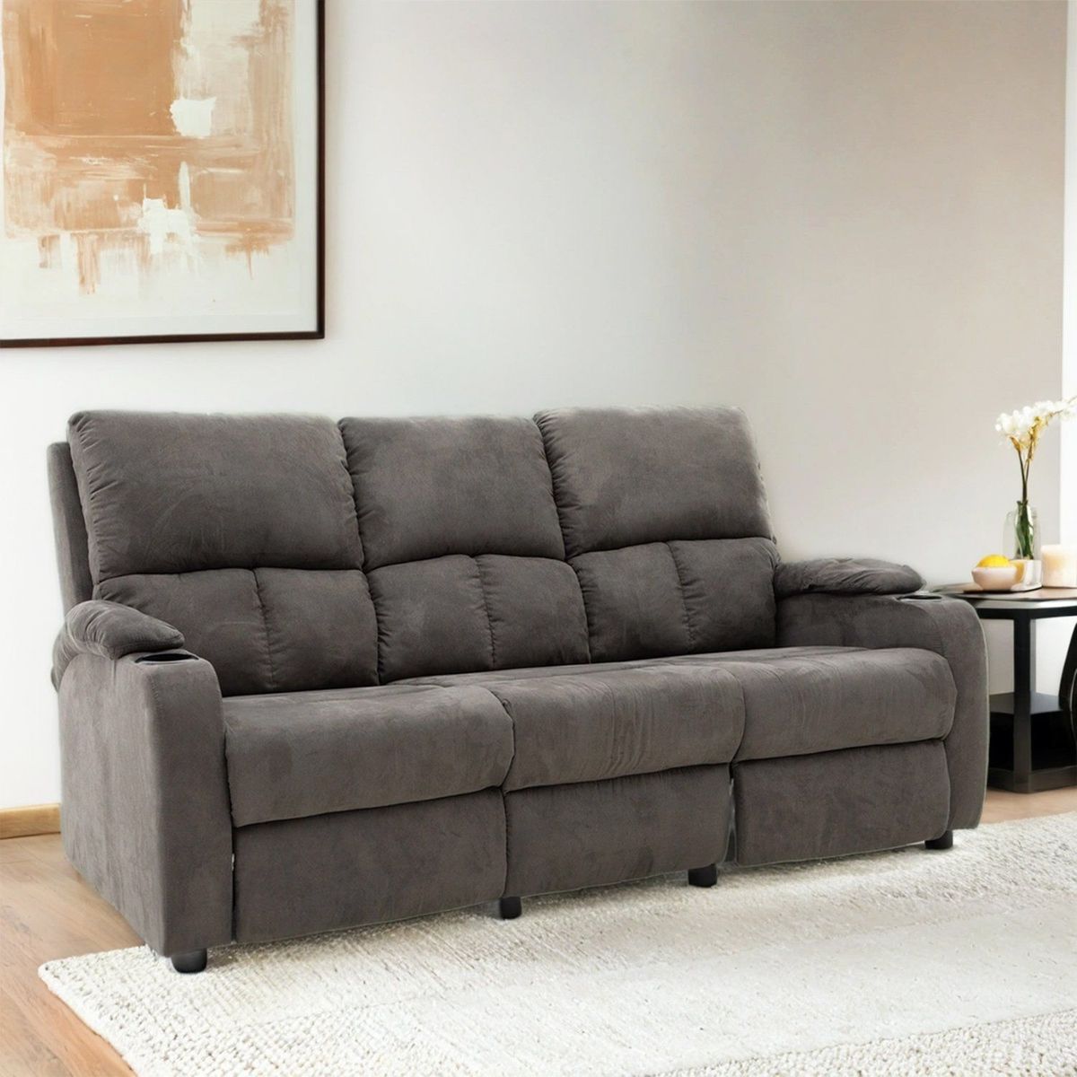 MICA - Sofá Reclinable 3 Puestos con Porta Vasos Rest 195 x 98 x 94 cm Mica