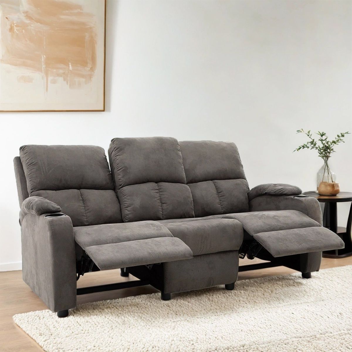 MICA - Sofá Reclinable 3 Puestos con Porta Vasos Rest 195 x 98 x 94 cm Mica