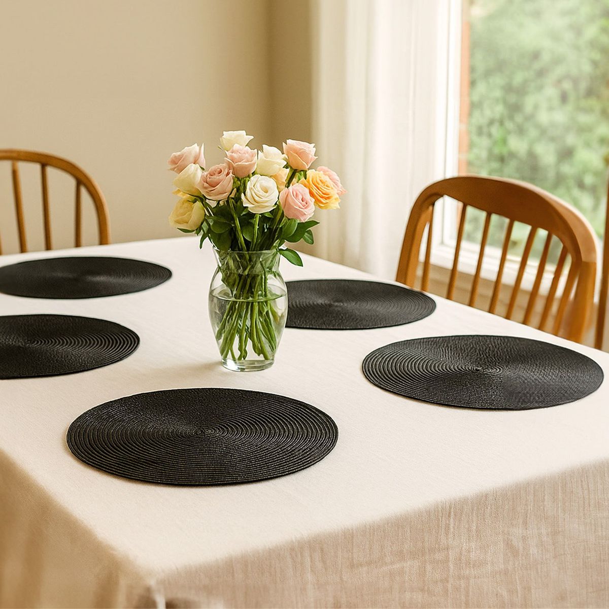 ROBERTA ALLEN - Set x 4 Individuales Redondo Plástico Negro 38 x 38 cm