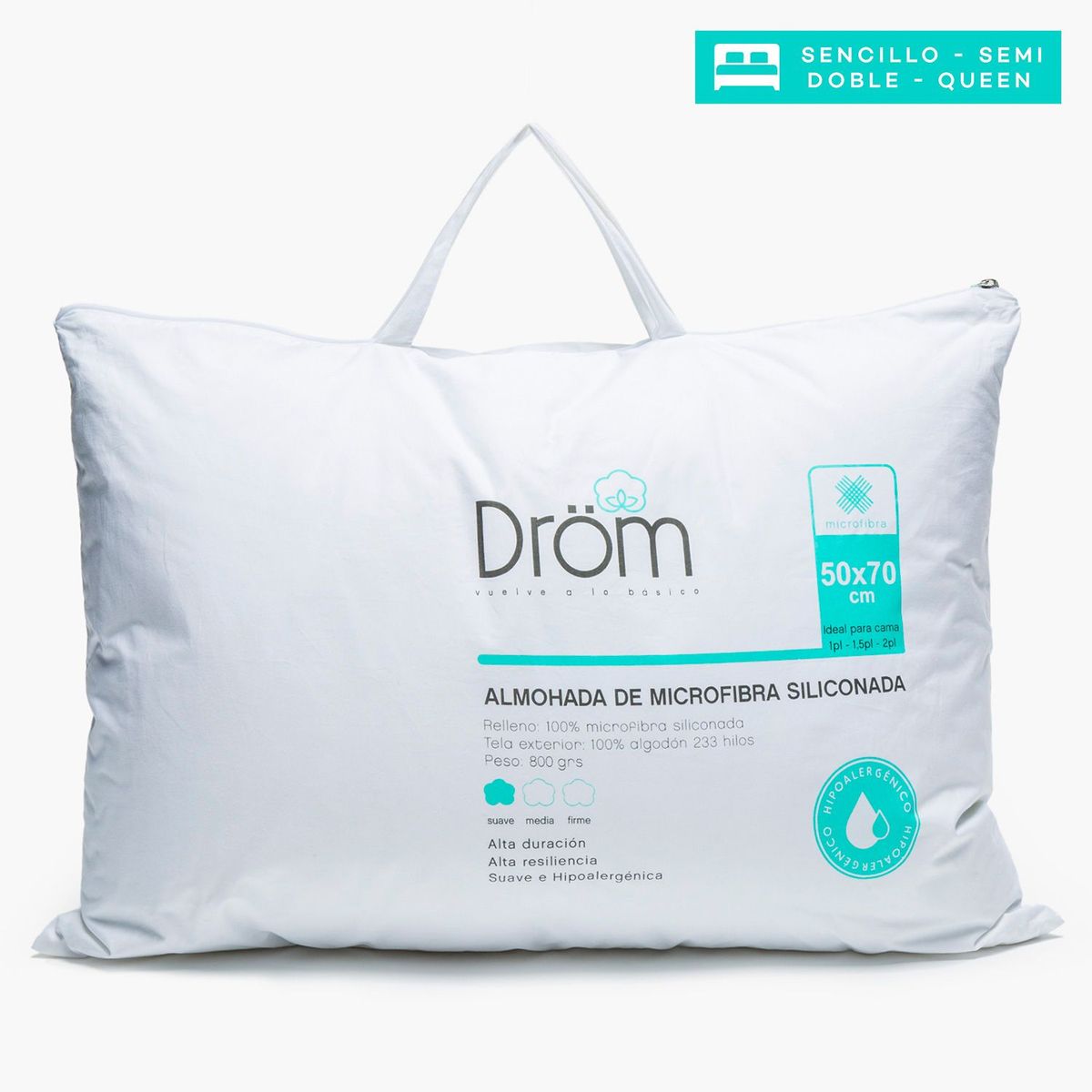 DROM - Almohada de Microfibra Hipoalegénico, Firmeza Suave 50 X 70 cm Drom