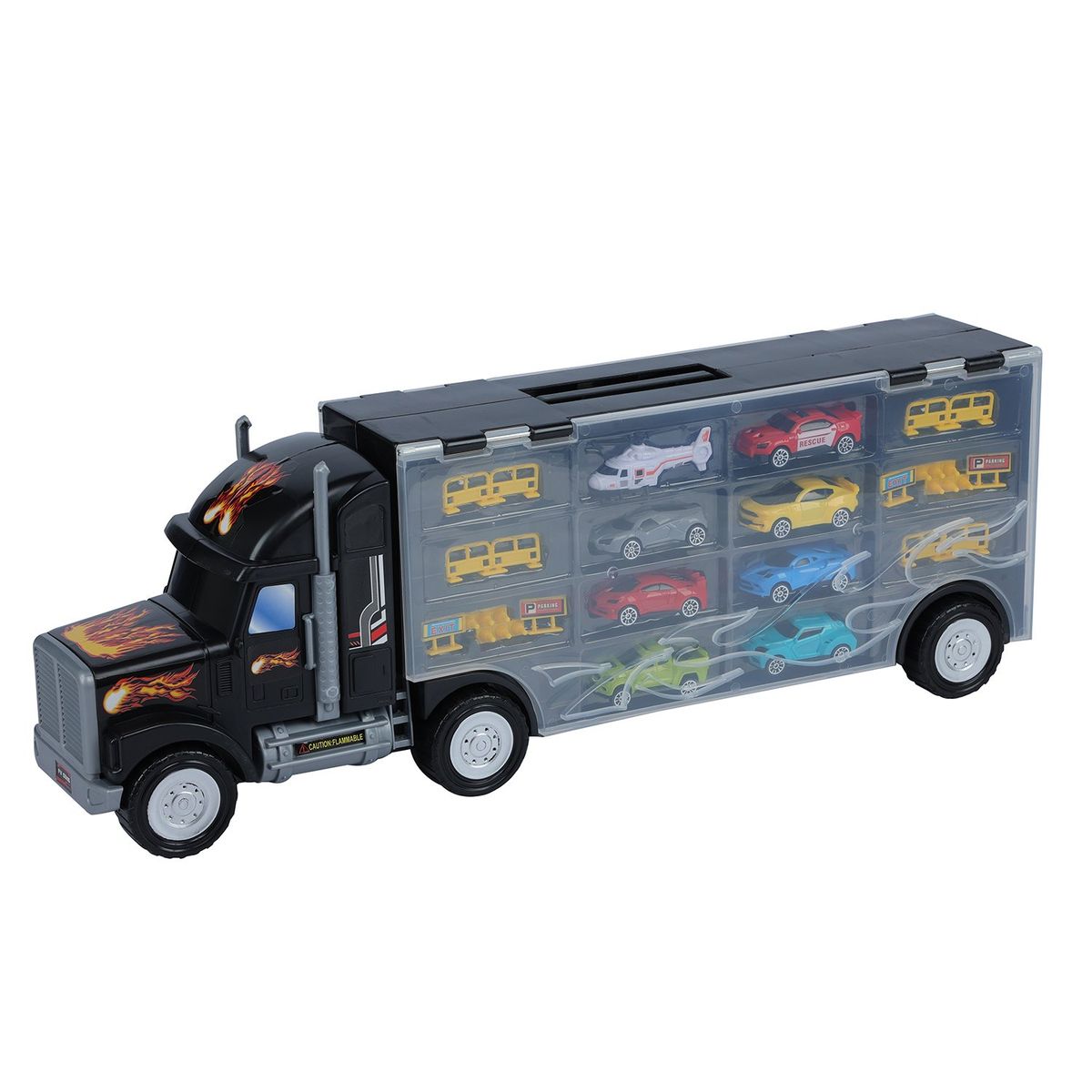 KIDS N PLAY - Maletín Camión de carga, set de carros de juguete. Incluye 10 autos y 2 helicópteros