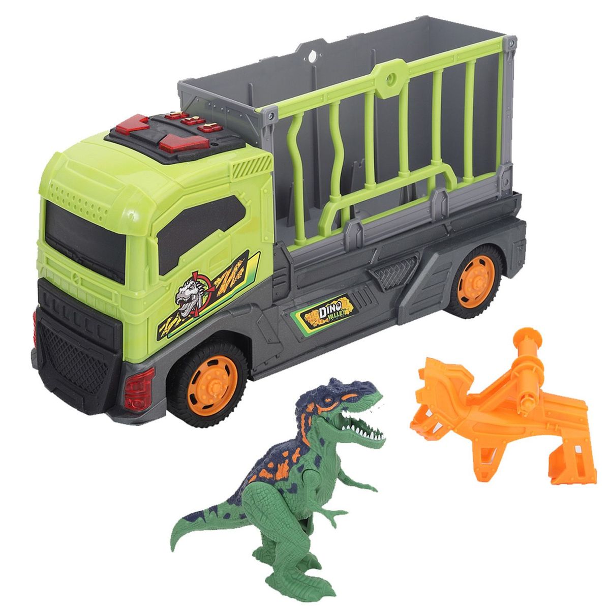 DINO VALLEY - Camión para Transporte de Dinosaurios, Incluye (Camión + Dinosaurio) a partir de los 3 Años, Necesita Pilas