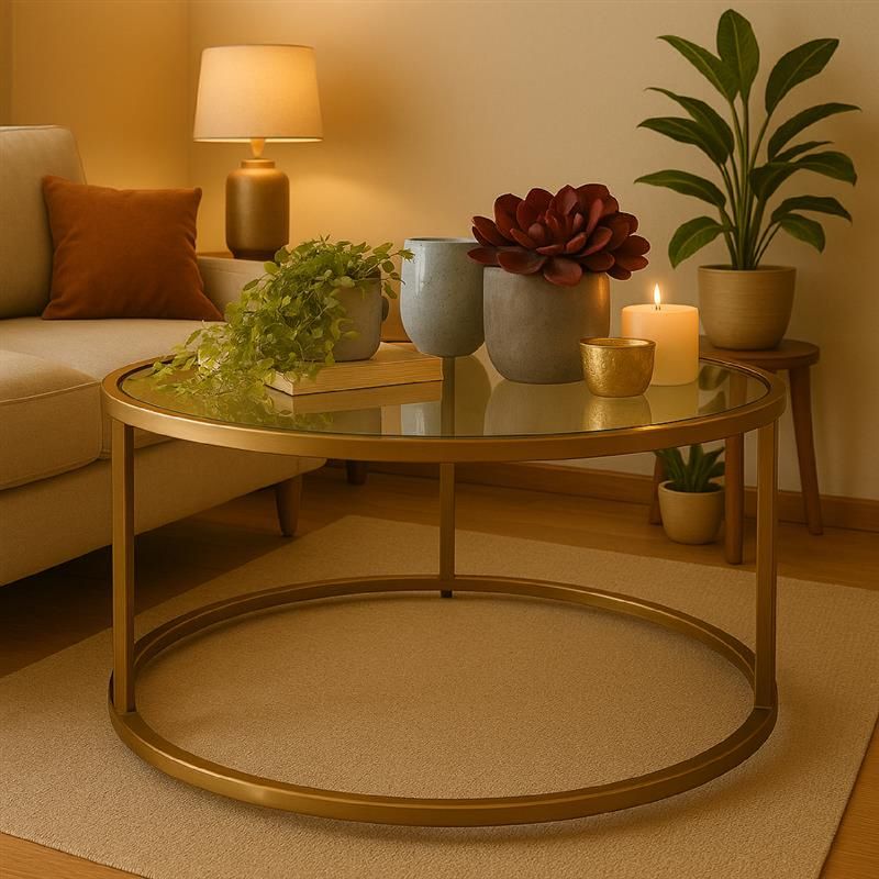 BASEMENT HOME - Mesa de Centro Moderna Redonda  en Vidrio Gold 80 x 45 x 80 cm Basement Home  -  0% Interés a 3, 6 o 12 Cuotas Pagando con tu CMR Banco Falabella