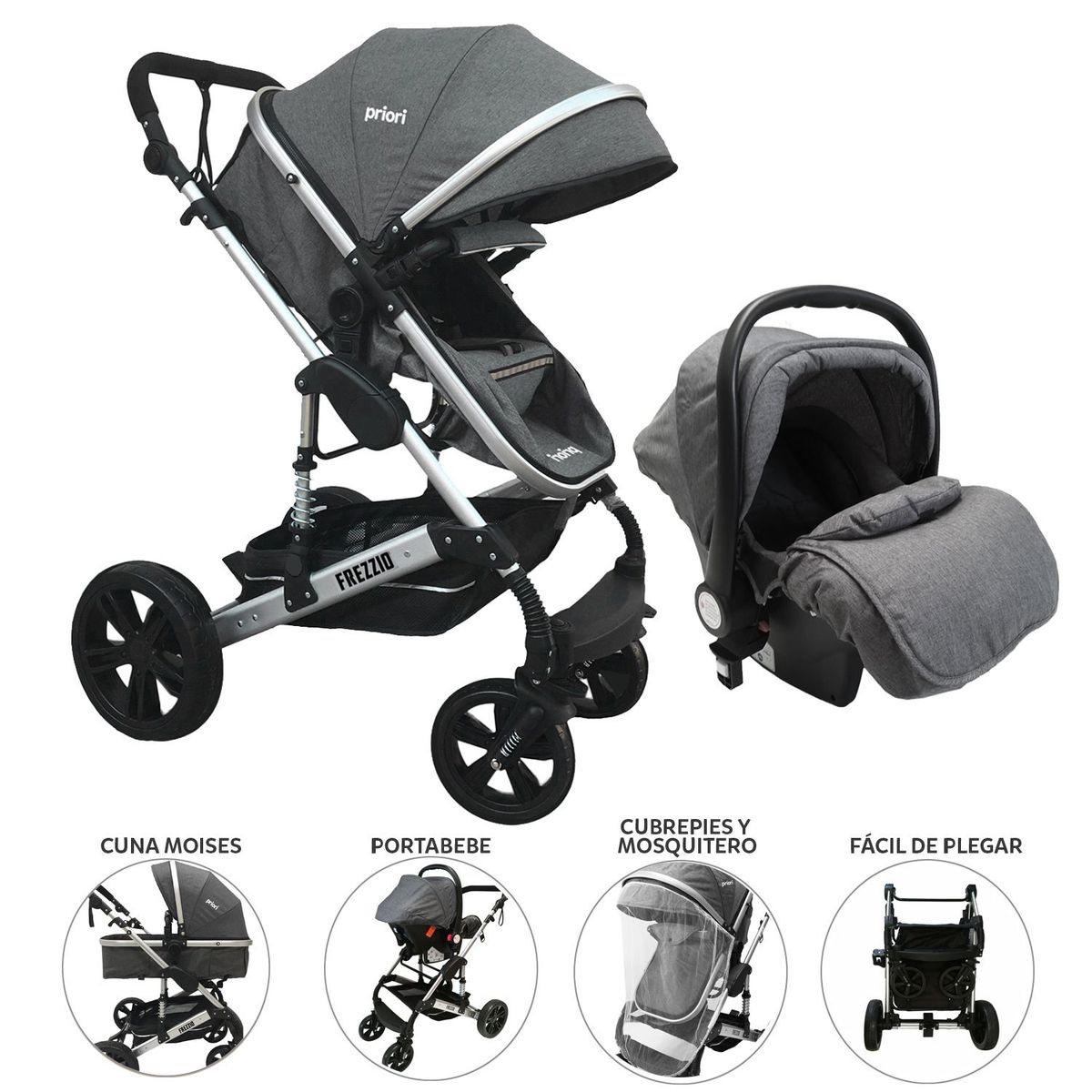 PRIORI - Coche para Bebé Travel System Priori Gris Plata Frezzio