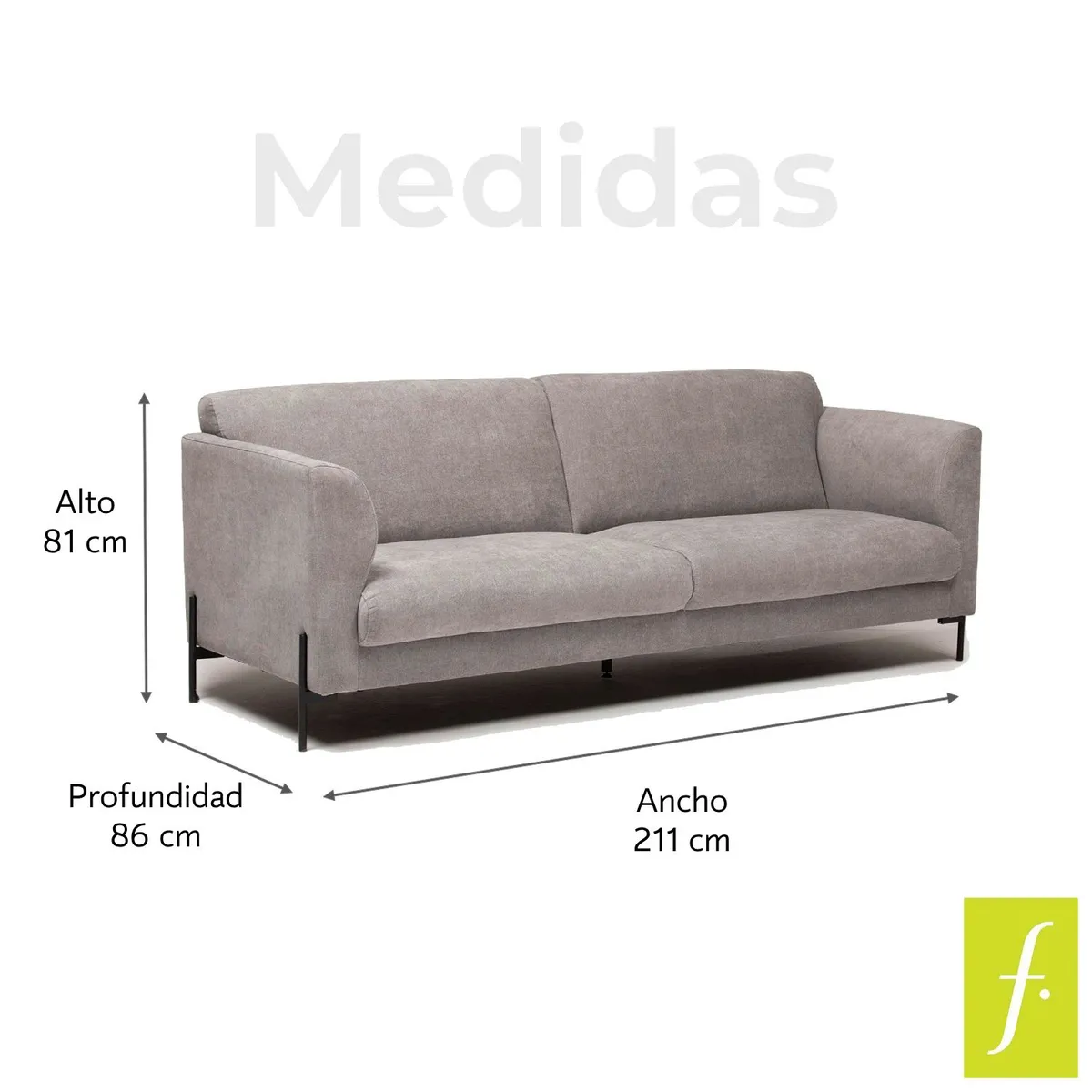 BASEMENT HOME - Sofá 3 Puestos en Tela, Conley 211 x 81 x 86 cm con Patas de Metal - Mueble Basement Home -  0% Interés a 3, 6 o 12 Cuotas Pagando con tu CMR Banco Falabella