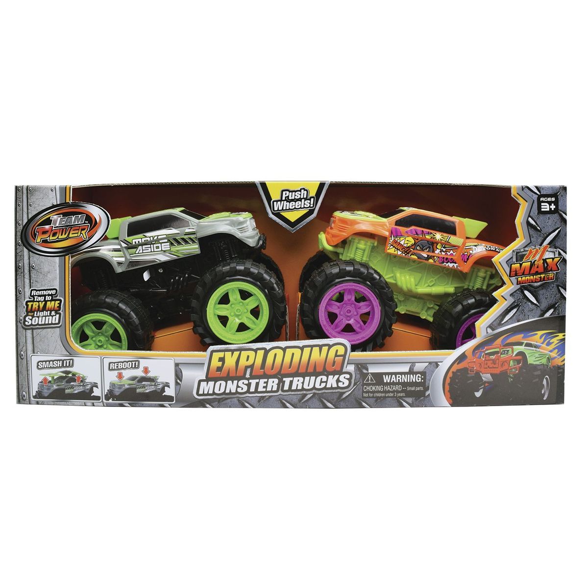 POWCO - Camiones Monstruo de impulso con Luces y Sonidos, Incluye  2 carros, a partir de los 3 Años - POWCO