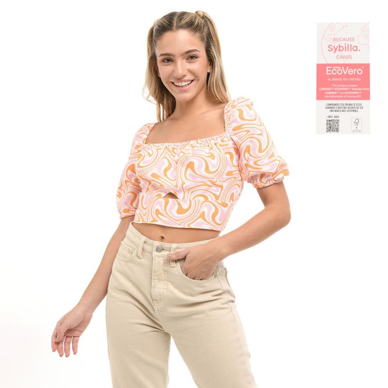 SYBILLA - Crop Top para Mujer con Flores Manga corta Sybilla