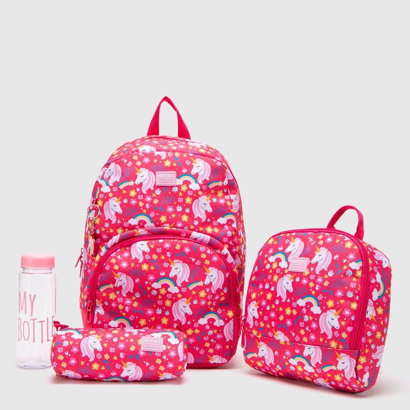 YAMP - Maleta escolar para niños Yamp Unicornios. Inlcuye Lonchera, cartuchera y botella