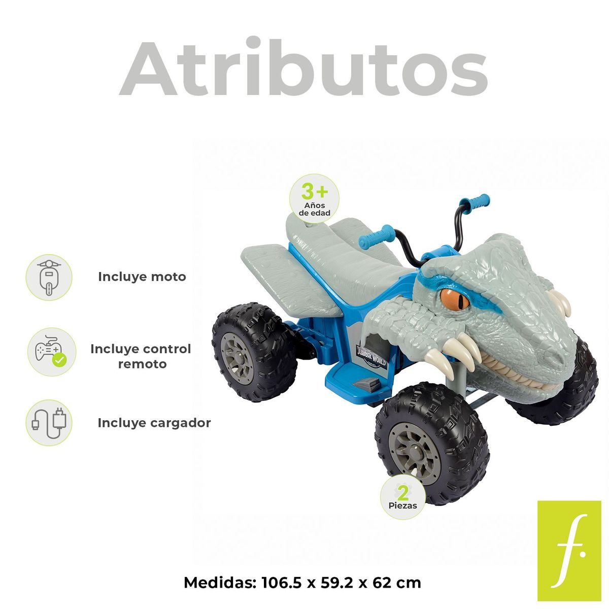 JURASSIC WORLD - Moto a Batería Montable Cuatrimoto Jurassic World Velociraptor 12V