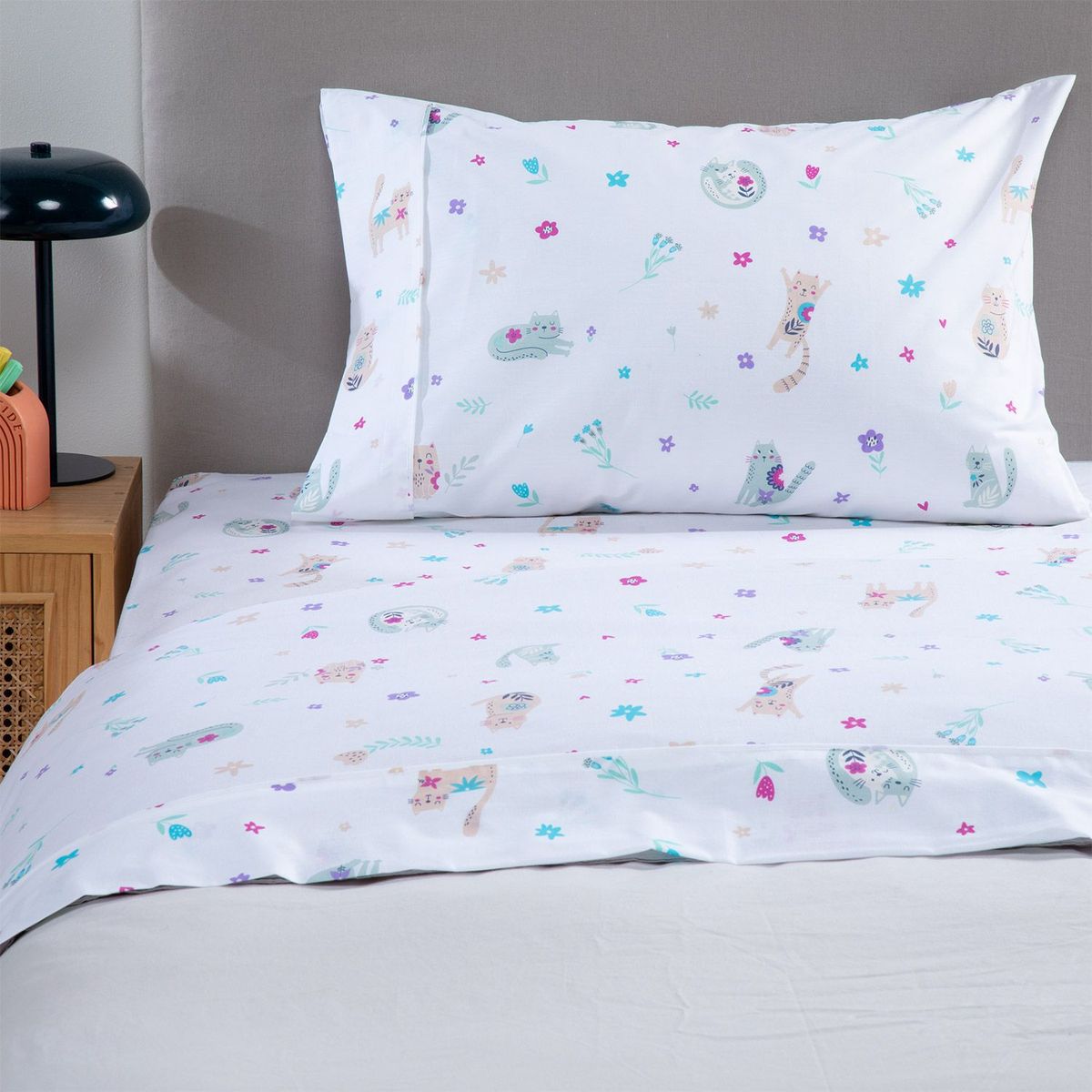 MICA KIDS - Juego de sábanas Infantil 180 Hilos Polialgodón Gatos