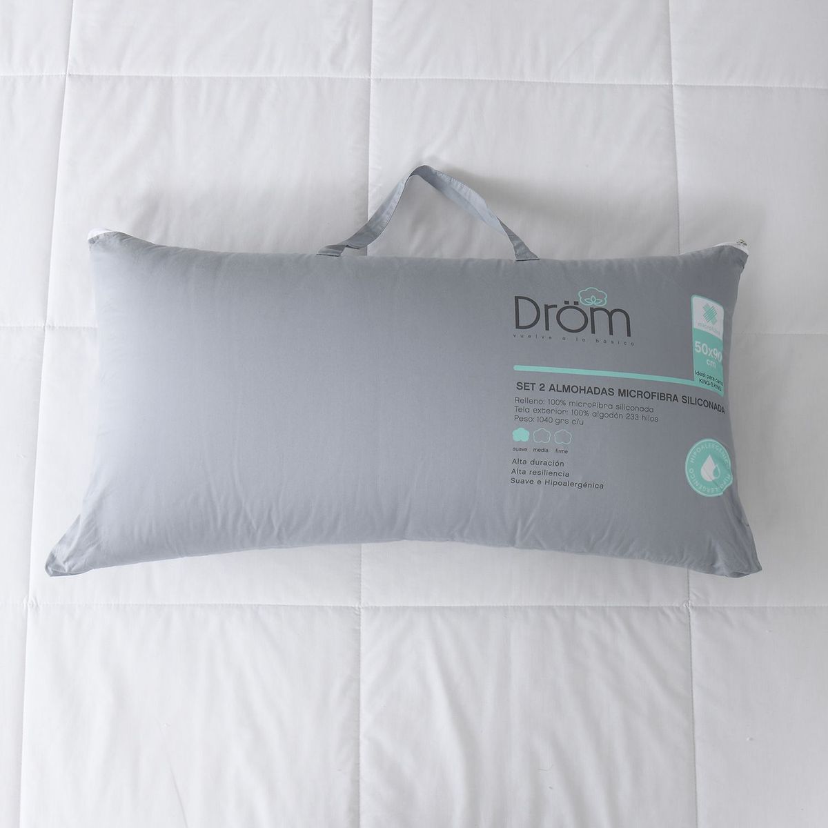 DROM - Almohada Set X2 en Microfibra Hipoalergénico, Firmeza Suave 50 X 90 cm Drom