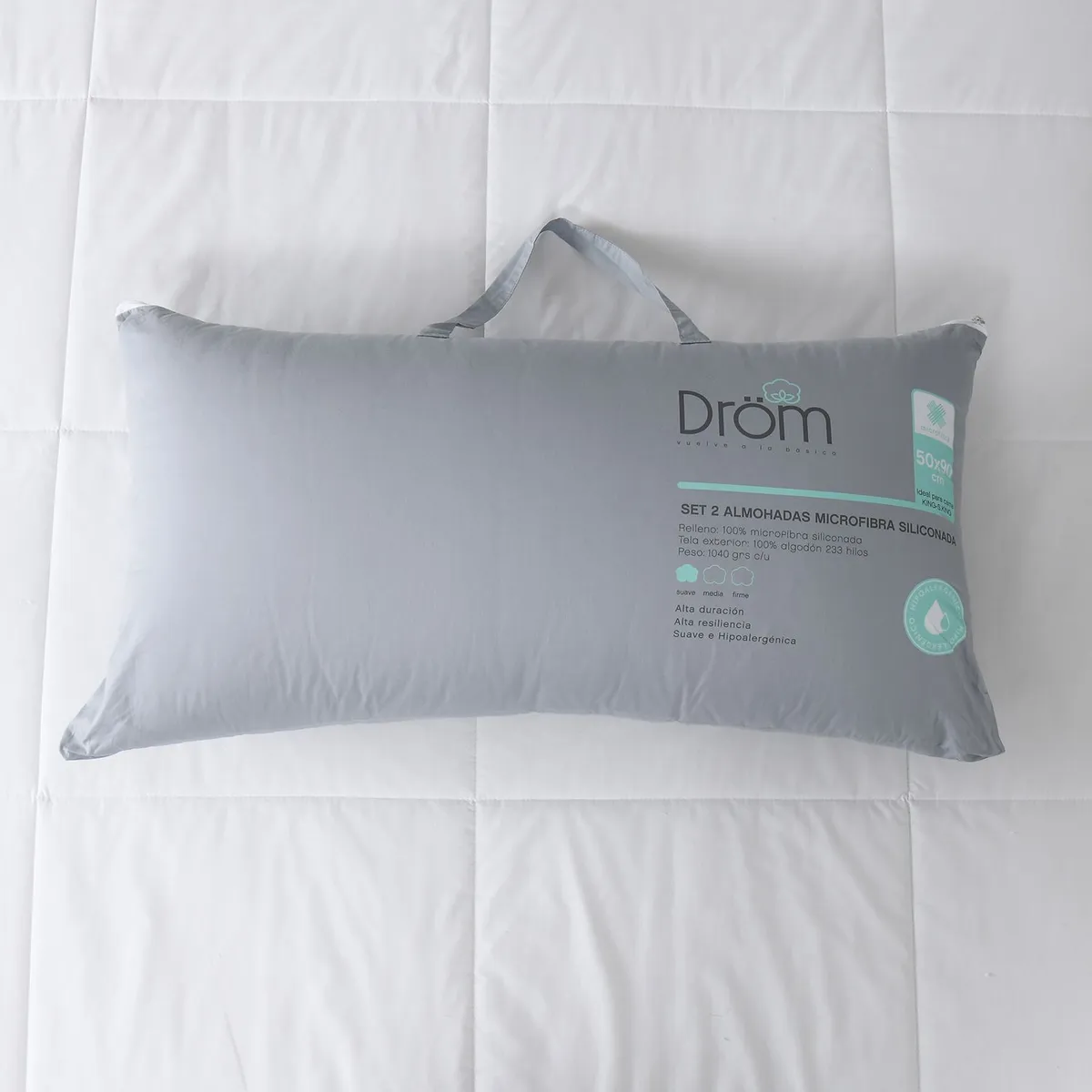 DROM - Almohada Set X2 en Microfibra Hipoalergénico, Firmeza Suave 50 X 90 cm Drom