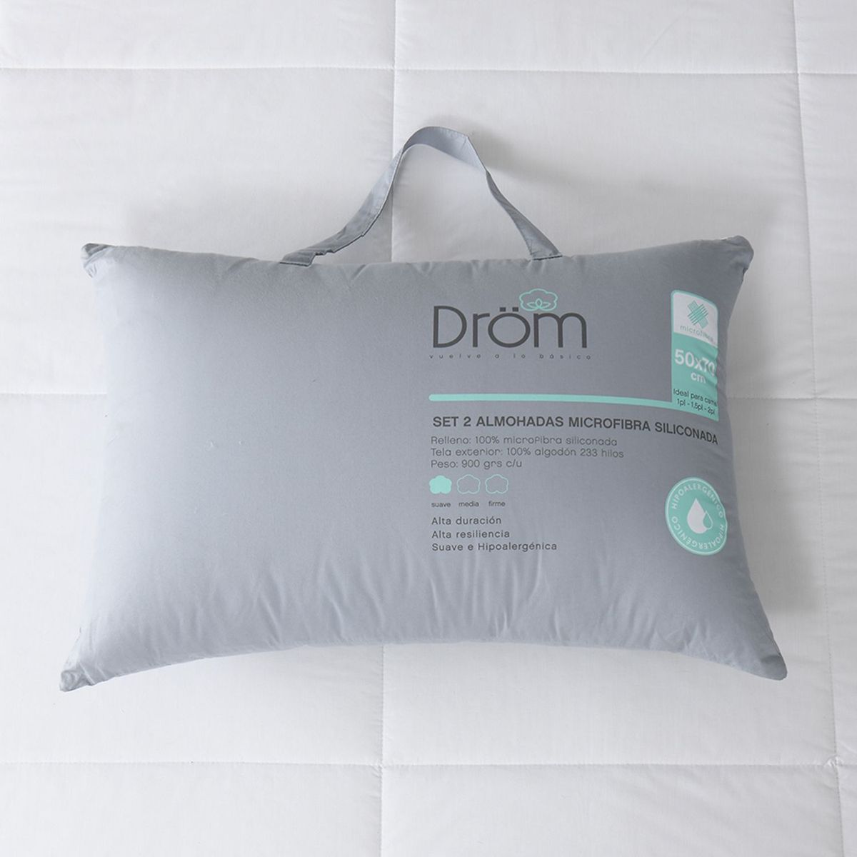 DROM - Almohada Set X2 en Microfibra Hipoalergénico, Firmeza Suave 50 X 70 cm Drom