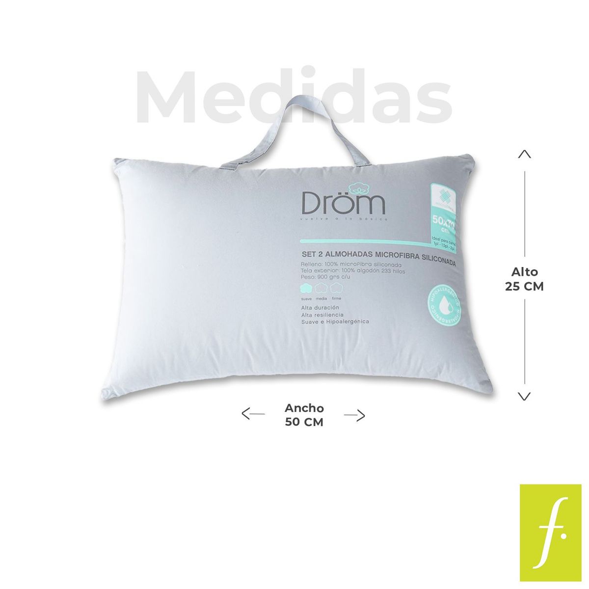 DROM - Almohada Set X2 en Microfibra Hipoalergénico, Firmeza Suave 50 X 70 cm Drom