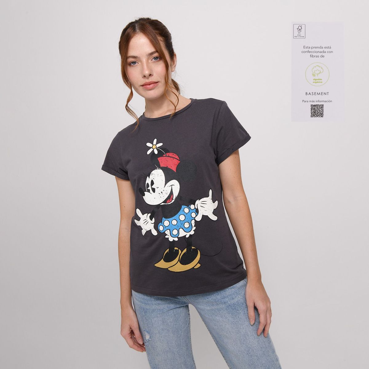BASEMENT - Camiseta Mujer Manga Corta Estampada Mickey Mouse Algodón Orgánico Basement