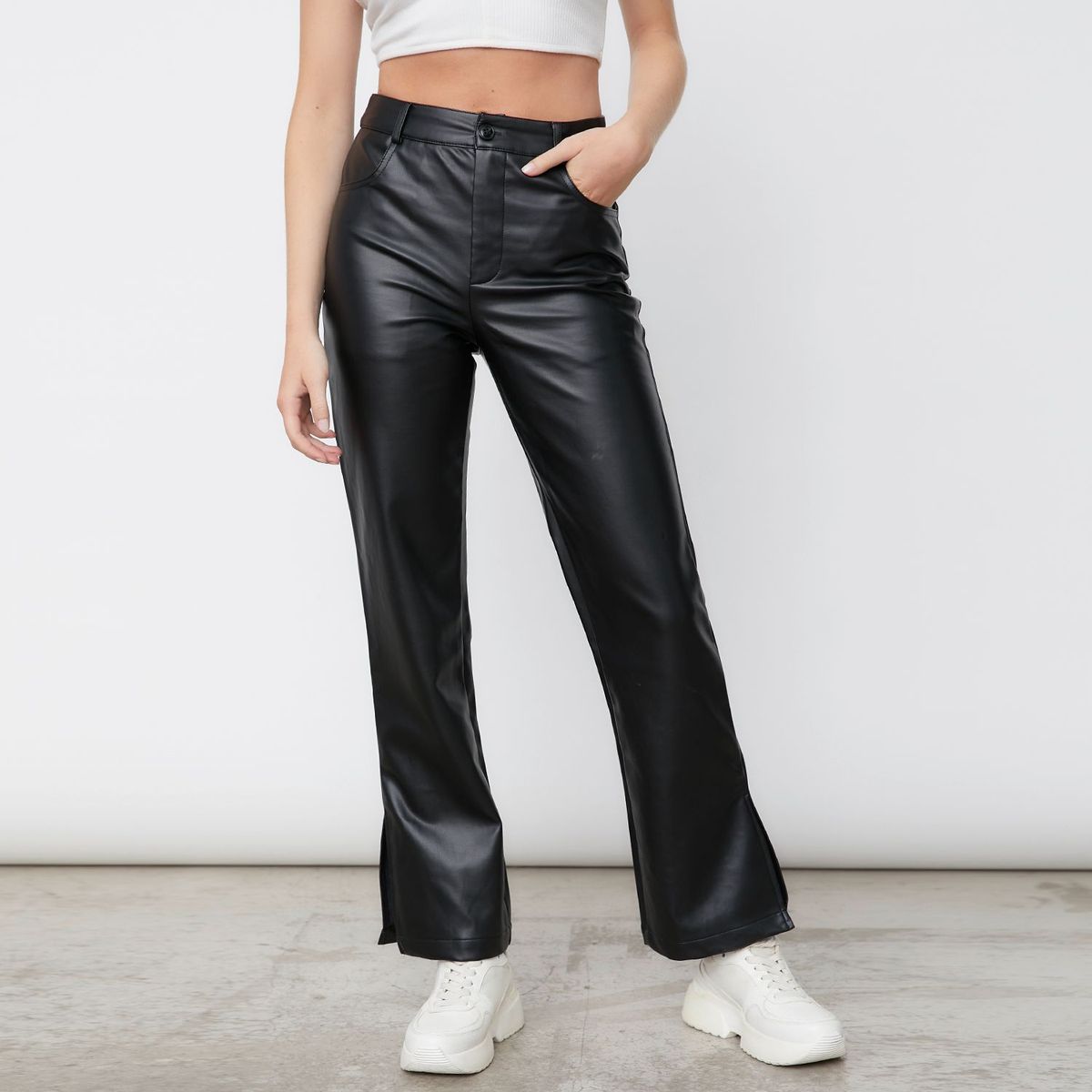 SYBILLA - Pantalón Recto Efecto cuero Mujer