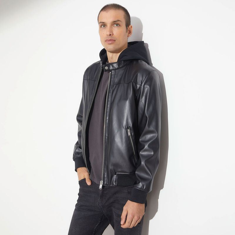 BASEMENT - Chaqueta Efecto cuero Con capota para Hombre Con cremallera Basement