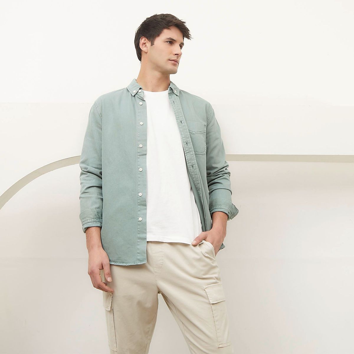 BASEMENT - Camisa para Hombre Manga larga Slim de Algodón Basement