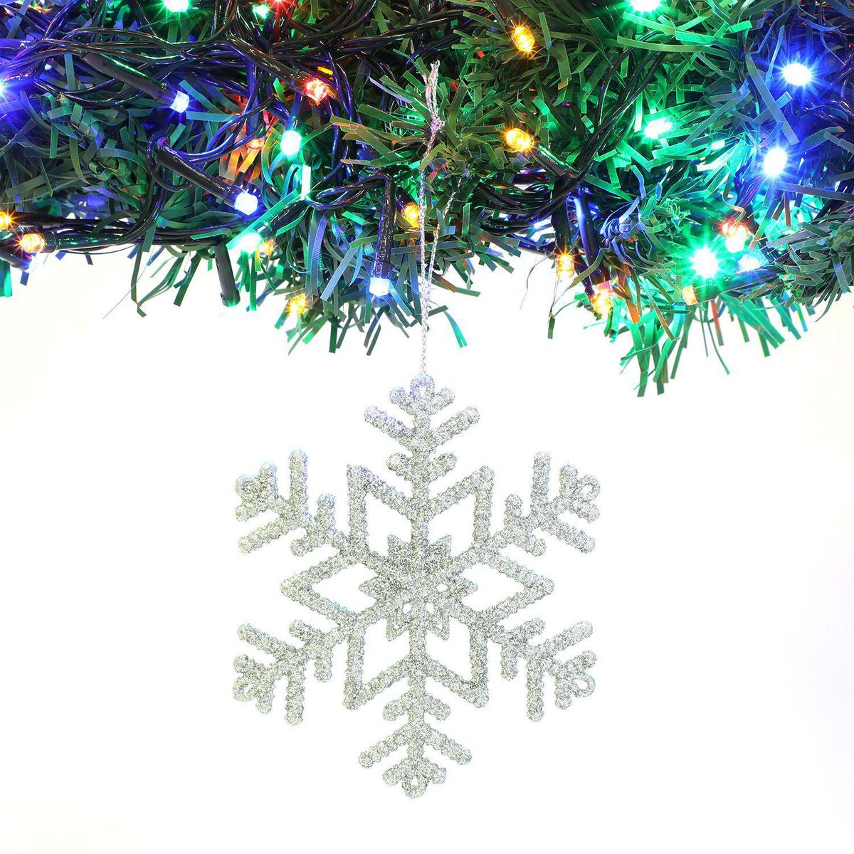 MICA - Set de Copos de Nieve Colgantes de Navidad 4 Piezas 10.3 cm Plateado. Decoración para Árbol de Navidad Mica