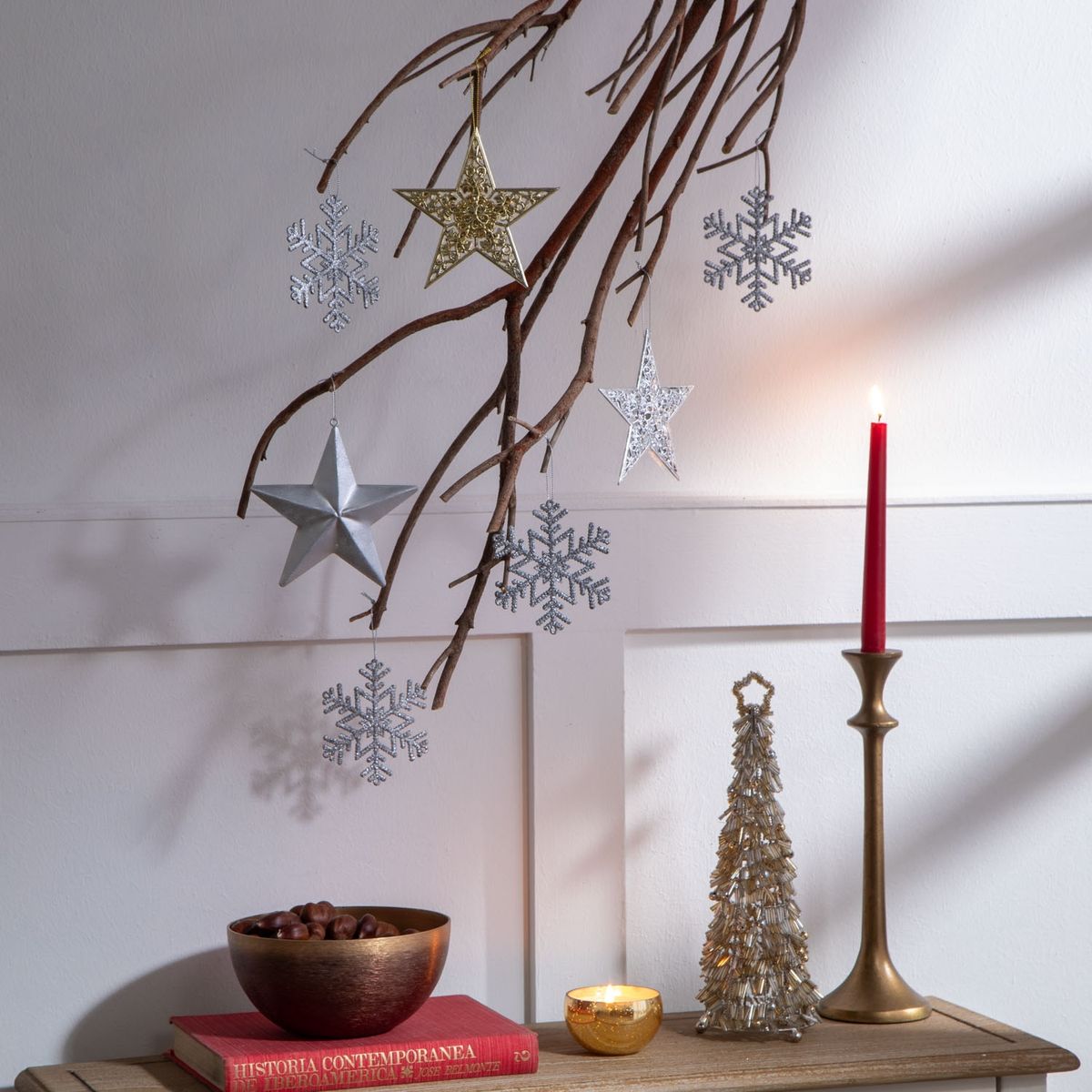 MICA - Set de Copos de Nieve Colgantes de Navidad 4 Piezas 10.3 cm Plateado. Decoración para Árbol de Navidad Mica