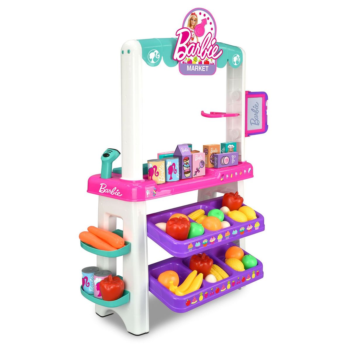 BARBIE - Barbie Supermercado de juguete altura 86 CM , incluye ( Alimentos + Estantes + Lector codigo de barras + Tablero Magnetico), apartir de los 2 años Necesita Pilas