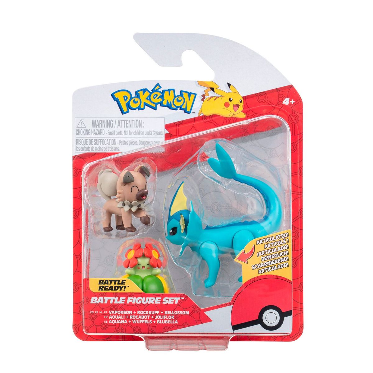 POKEMON - 3 Figuras de Juguete Pokemon, Incluye los Pokemones ( Rockruff + Bellossom + Vaporeon) A Partir de los 4 años